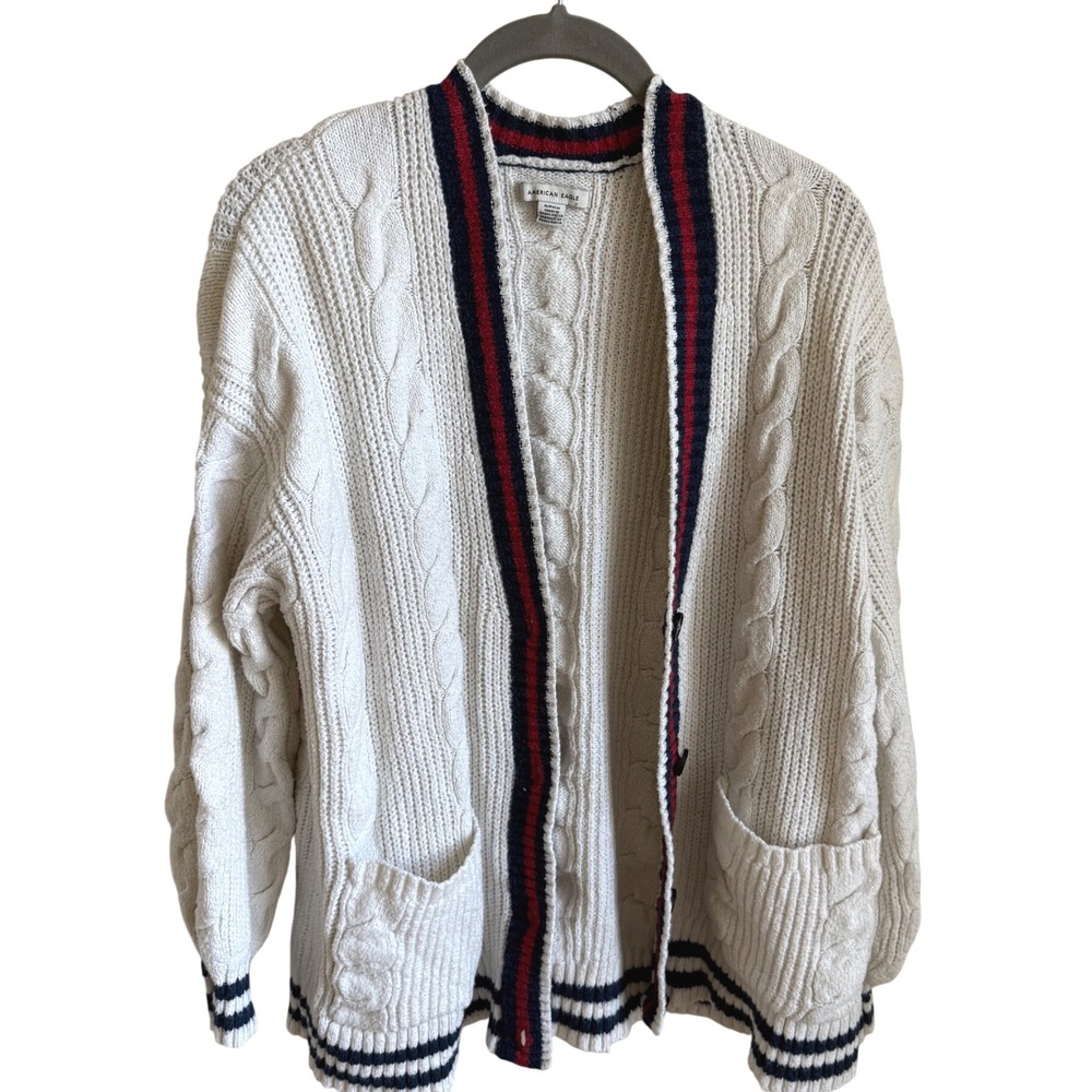 Cable‎ Knit Varsity Cardigan Quiet Luxury Prep Button Front Cream Oversized S